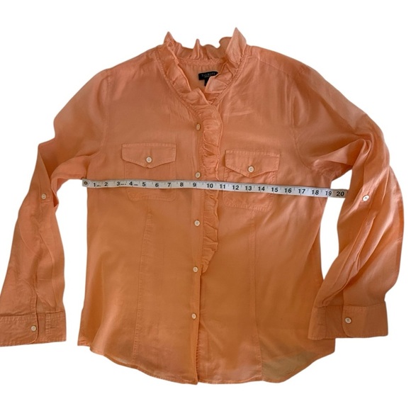 Talbots W’s Cotton Semi-Sheer Ruffle Blouse 10 Orange Long Sleeve Button Down - Picture 7 of 8